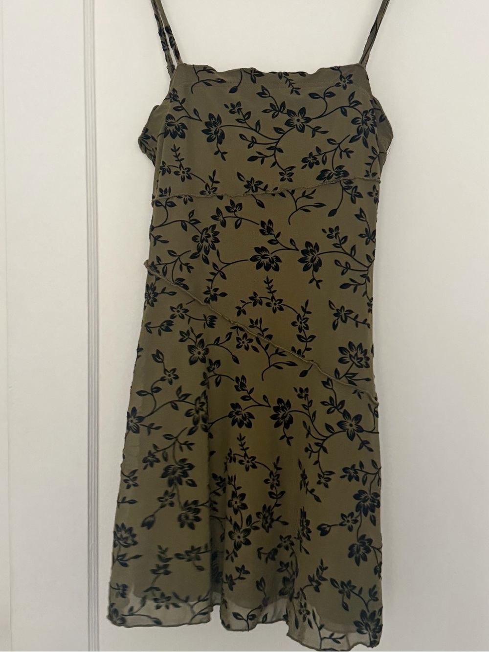 Vintage Olive Green Black Burnout Velvet Floral Slip Dress S